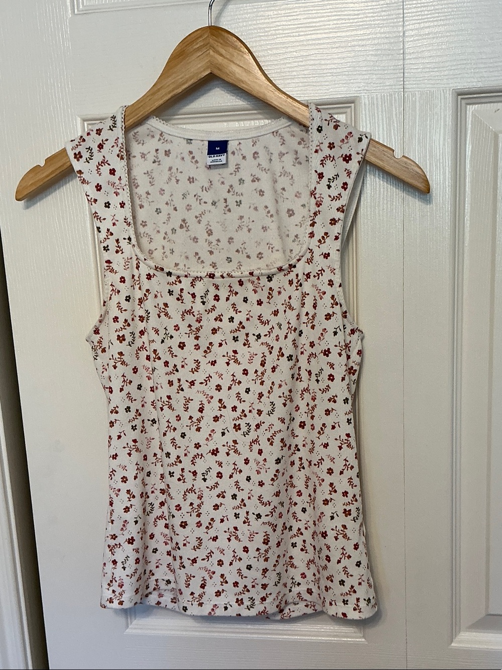 Floral Square Neck Tank Top - Cream with Red Floral Print